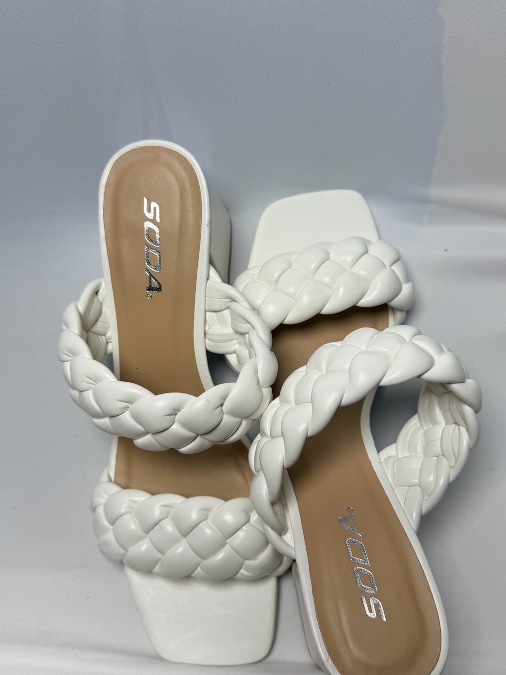 SODA White Braided Two-Strap Slide Mules